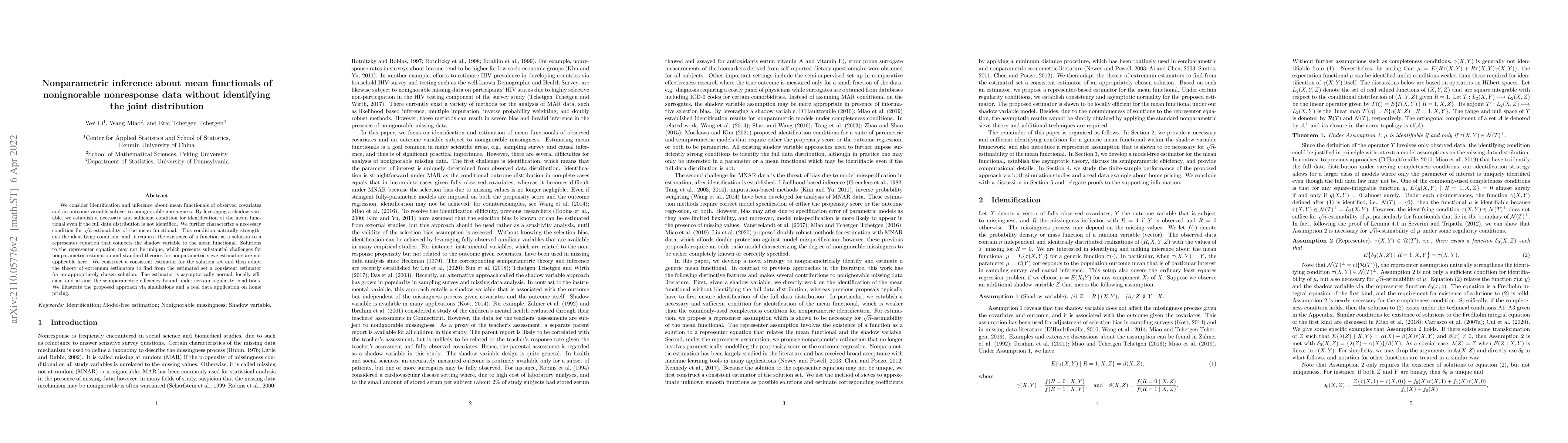 Thumbnail for Nonparametric inference about mean functionals of nonignorable
  nonresponse data without identifying the joint distribution