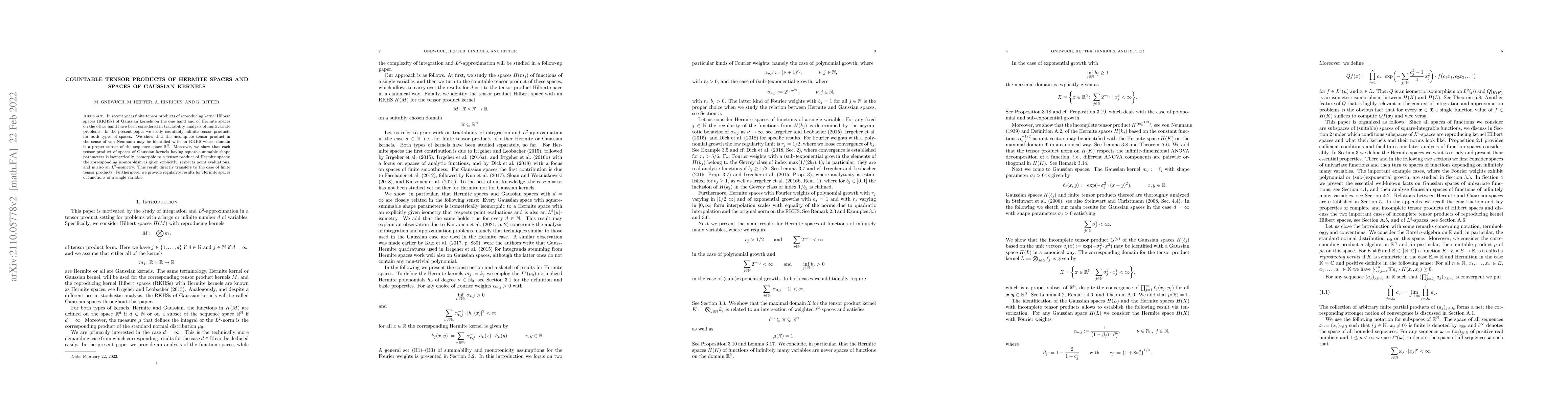Thumbnail for Countable Tensor Products of Hermite Spaces and Spaces of Gaussian
  Kernels