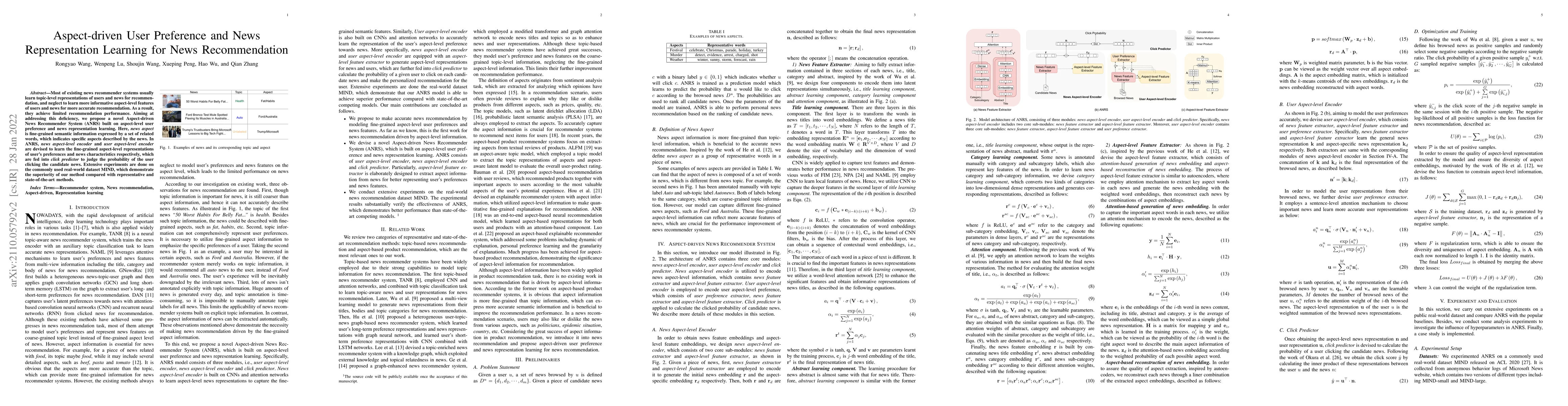 Thumbnail for Aspect-driven User Preference and News Representation Learning for News
  Recommendation