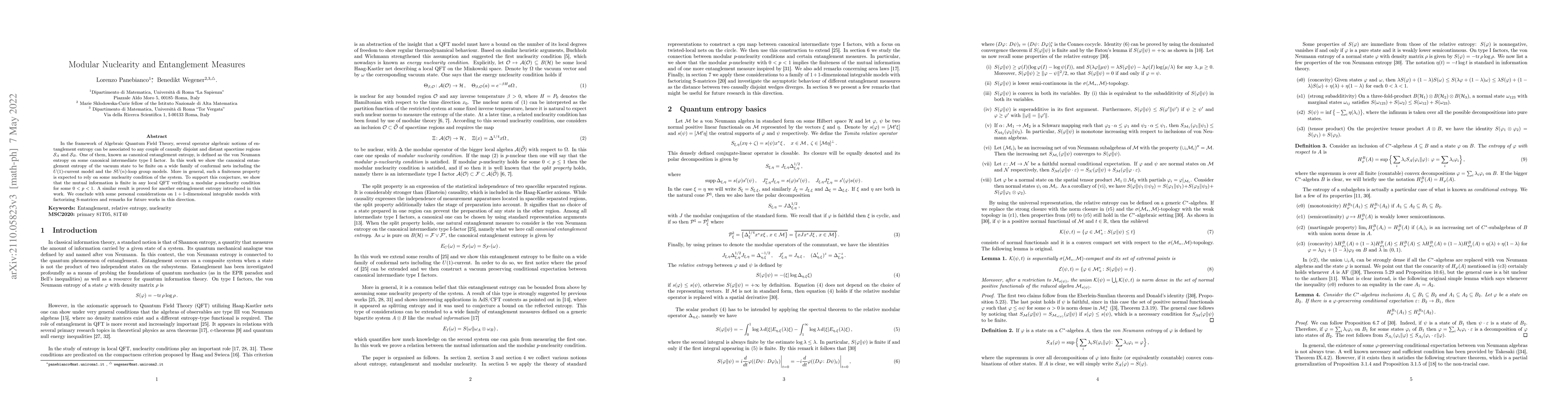 Thumbnail for Modular Nuclearity and Entanglement measures