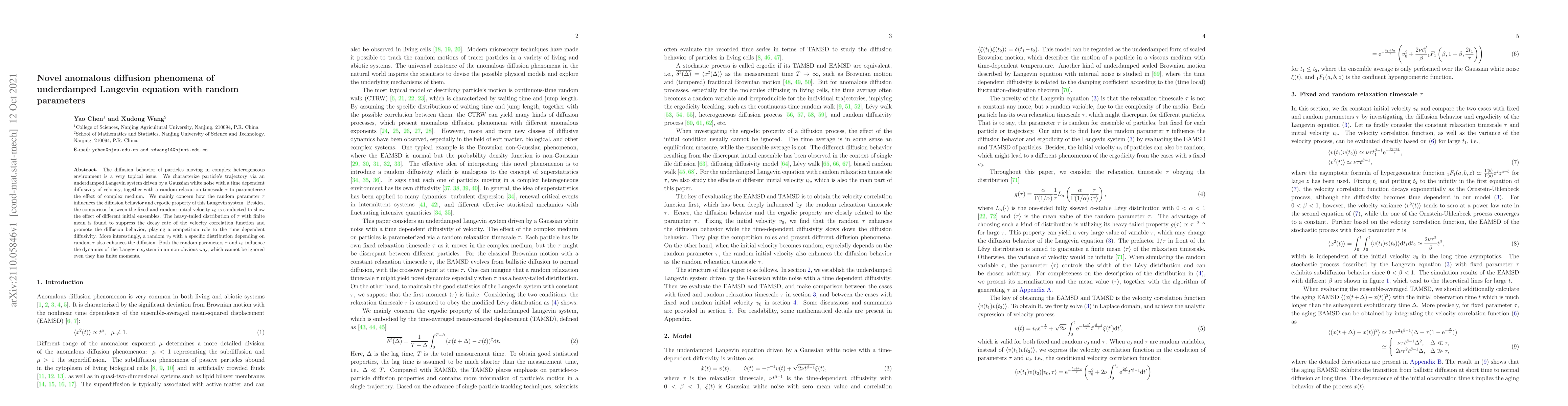 Thumbnail for Novel anomalous diffusion phenomena of underdamped Langevin equation
  with random parameters