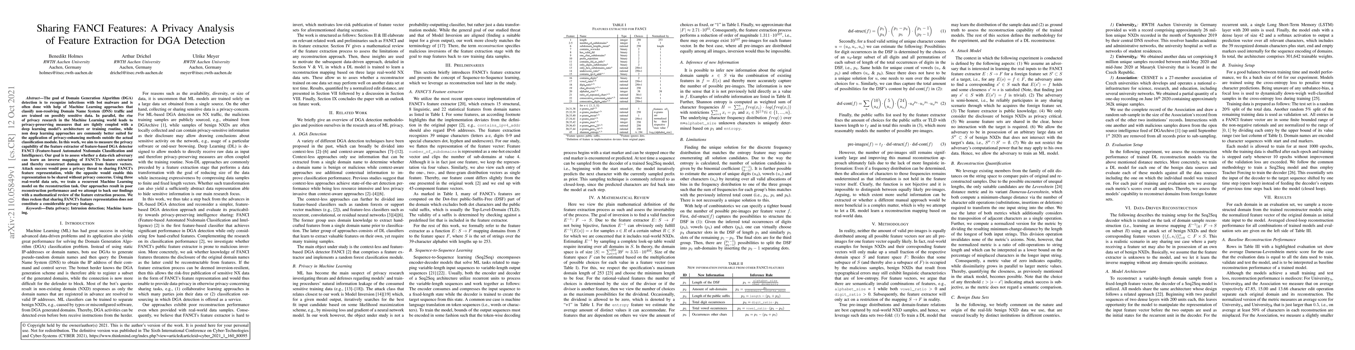 Thumbnail for Sharing FANCI Features: A Privacy Analysis of Feature Extraction for DGA
  Detection