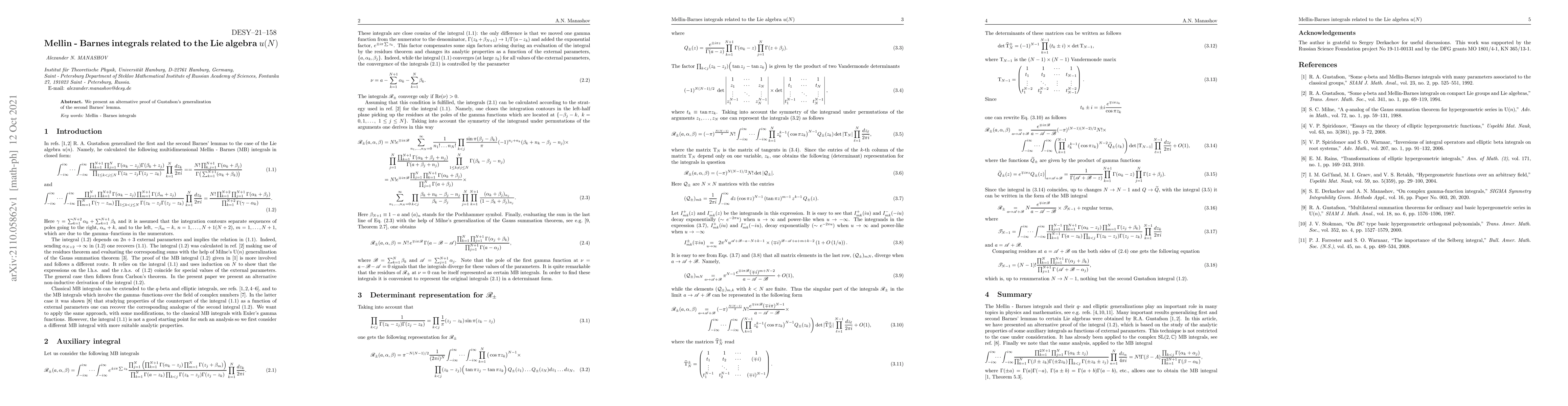 Thumbnail for Mellin-Barnes integrals related to the Lie algebra $u(N)$
