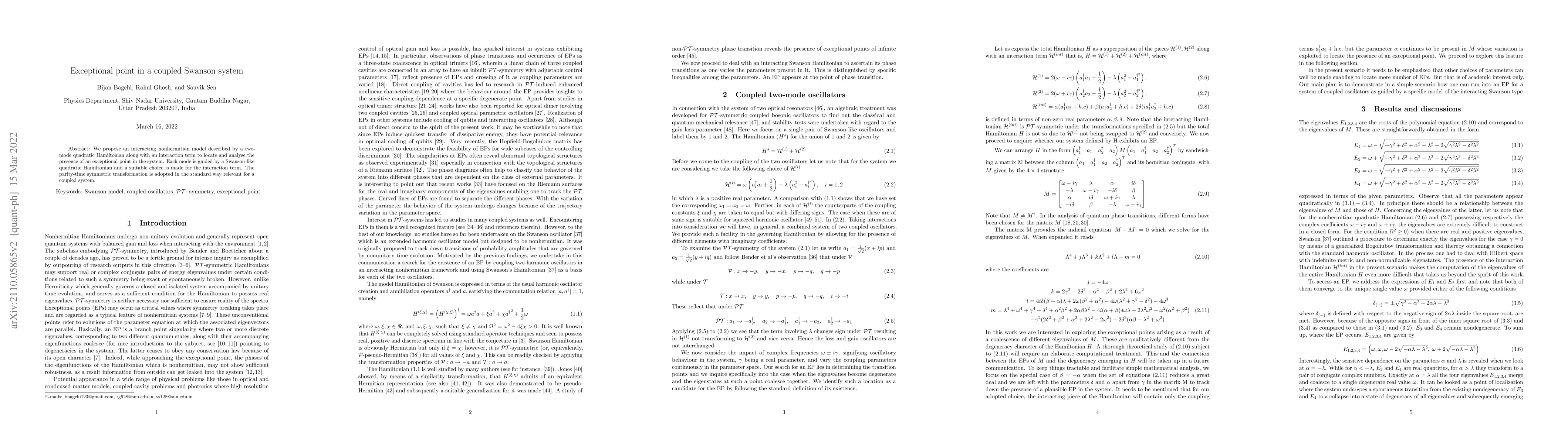Thumbnail for Exceptional point in a coupled Swanson system