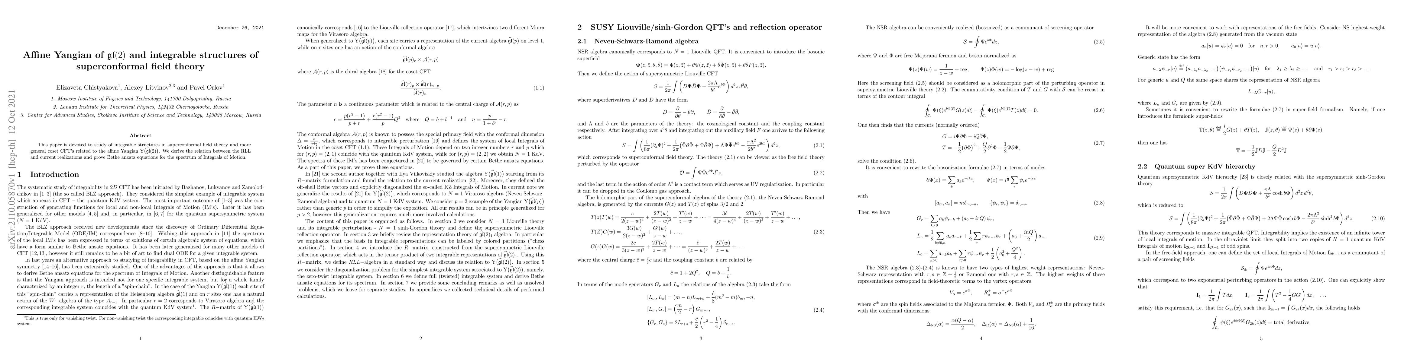 Thumbnail for Affine Yangian of $\mathfrak{gl}(2)$ and integrable structures of
  superconformal field theory