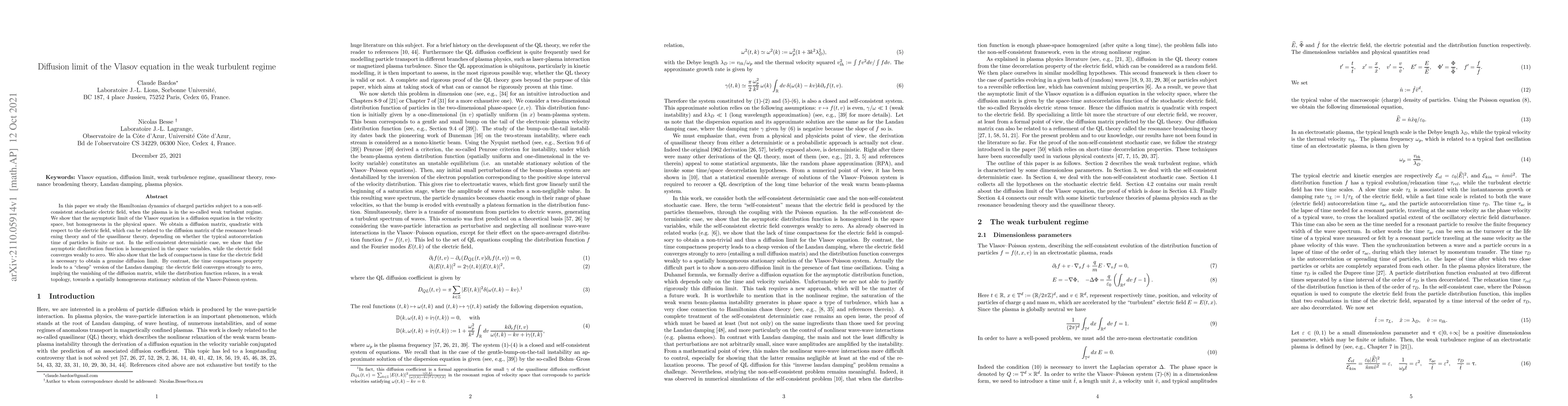 Thumbnail for Diffusion limit of the Vlasov equation in the weak turbulent regime