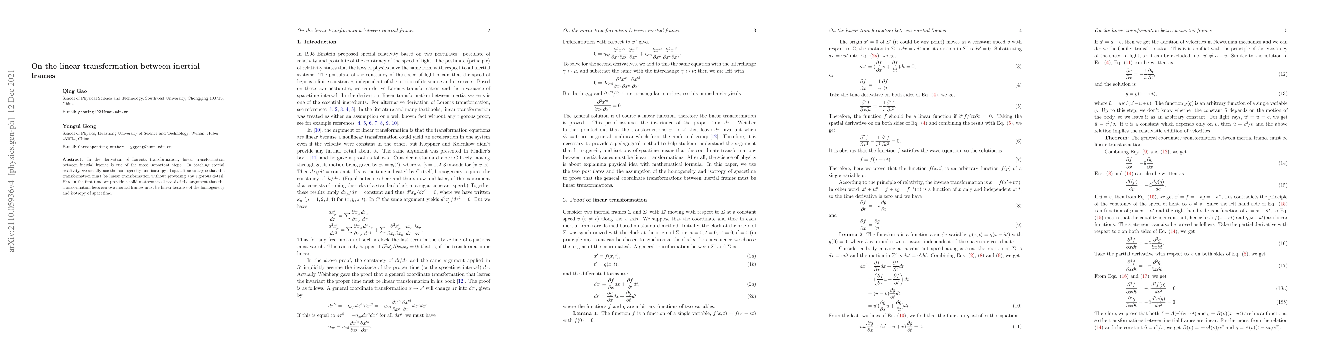 Thumbnail for On the linear transformation between inertial frames