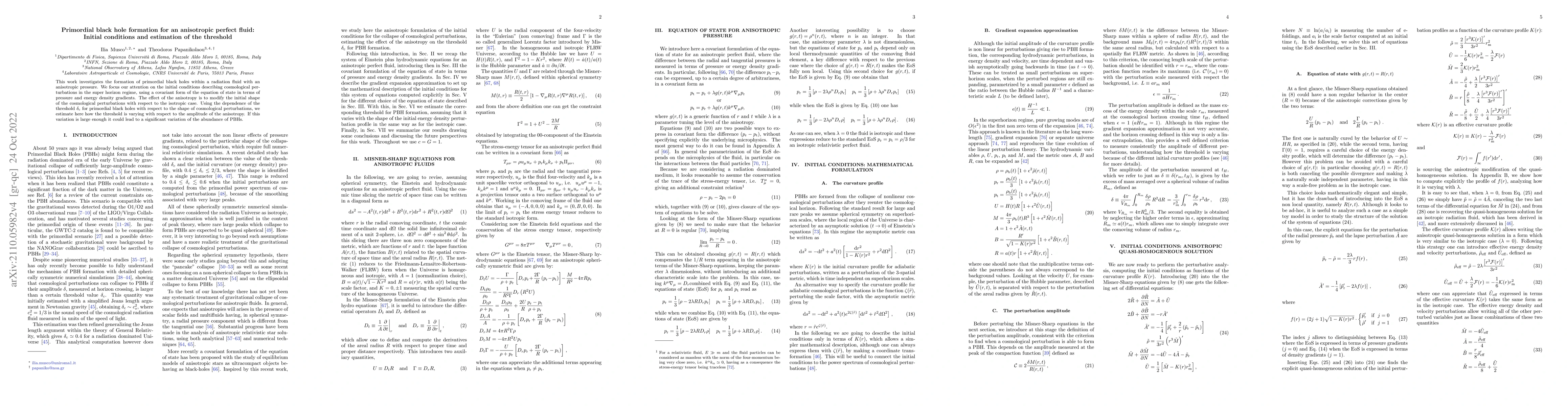 Thumbnail for Primordial black hole formation for an anisotropic perfect fluid:
  Initial conditions and estimation of the threshold