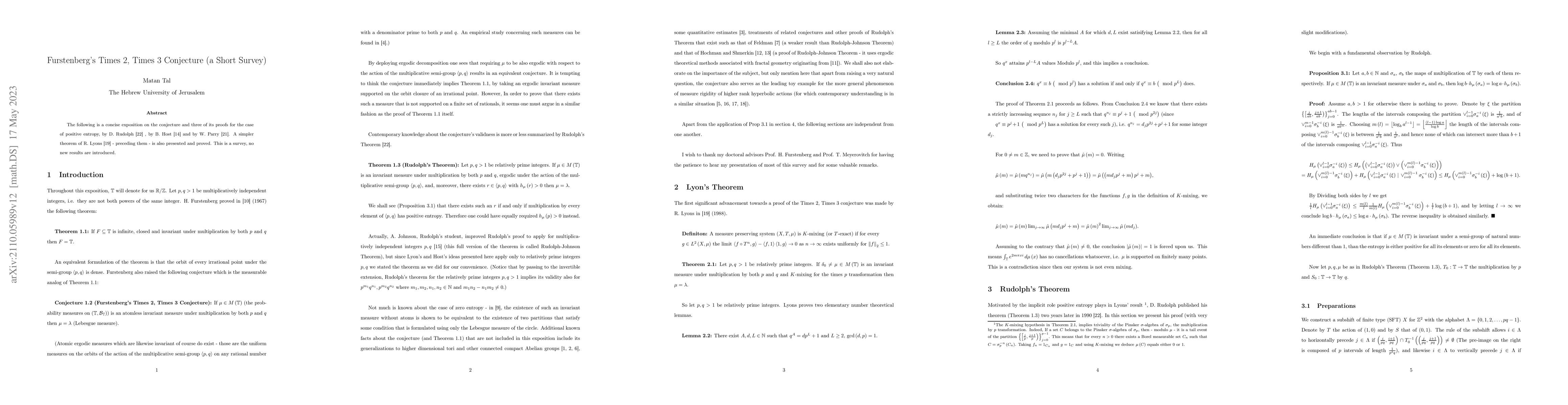 Thumbnail for Furstenberg's Times 2, Times 3 Conjecture (a Short Survey)