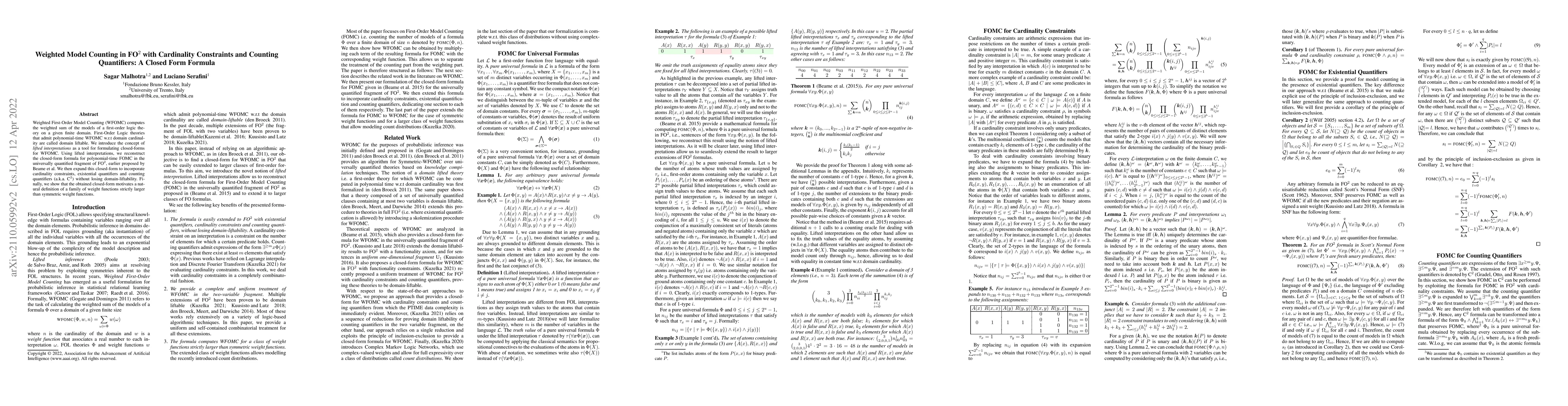 Thumbnail for Weighted Model Counting in FO2 with Cardinality Constraints and Counting
  Quantifiers: A Closed Form Formula