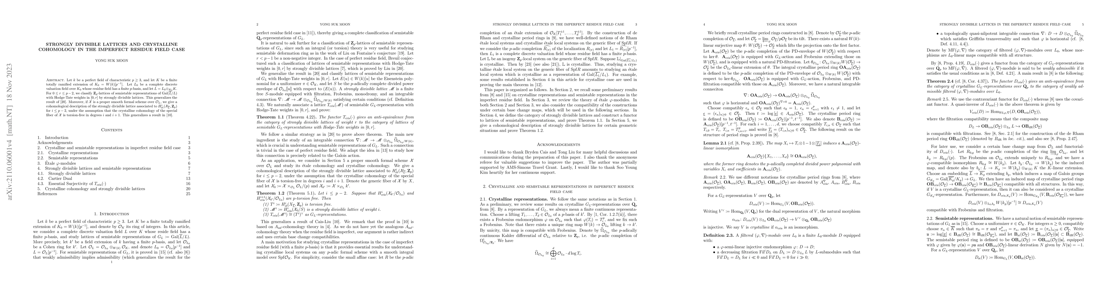Thumbnail for Strongly divisible lattices and crystalline cohomology in the imperfect
  residue field case