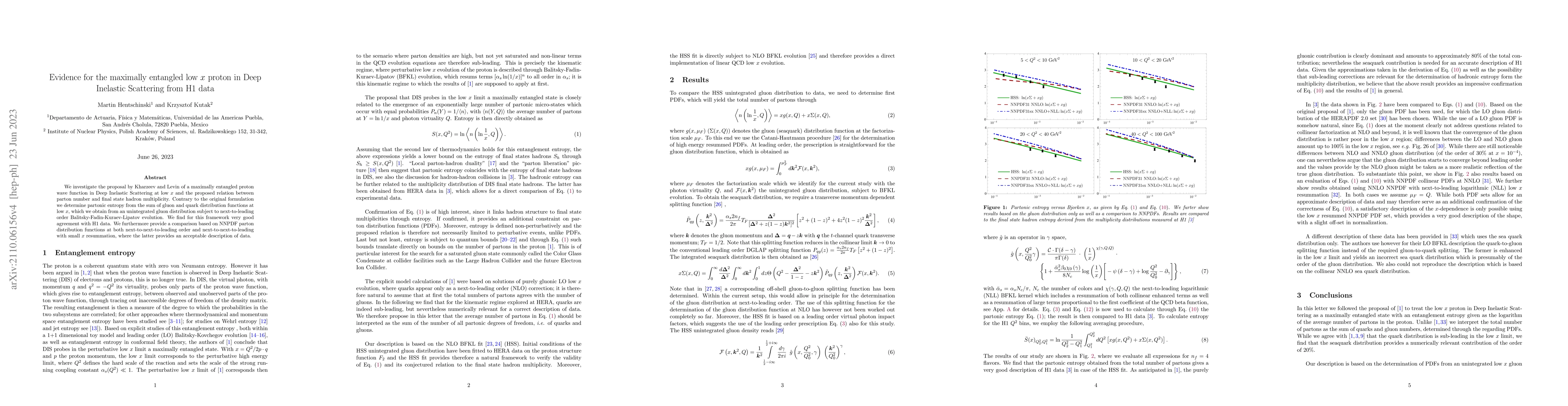 Thumbnail for Evidence for the maximally entangled low $x$ proton in Deep Inelastic
  Scattering from H1 data