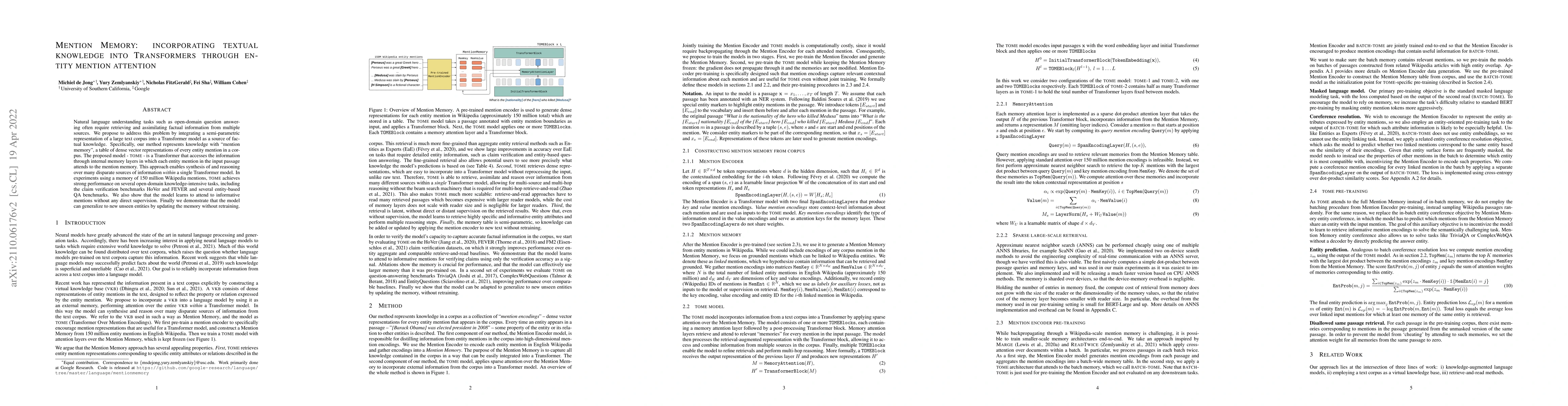 Thumbnail for Mention Memory: incorporating textual knowledge into Transformers
  through entity mention attention