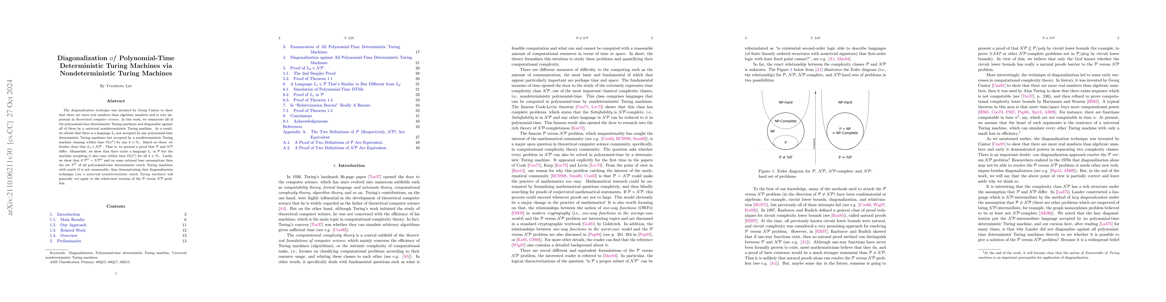 Thumbnail for Diagonalization of Polynomial-Time Deterministic Turing Machines via
  Nondeterministic Turing Machines