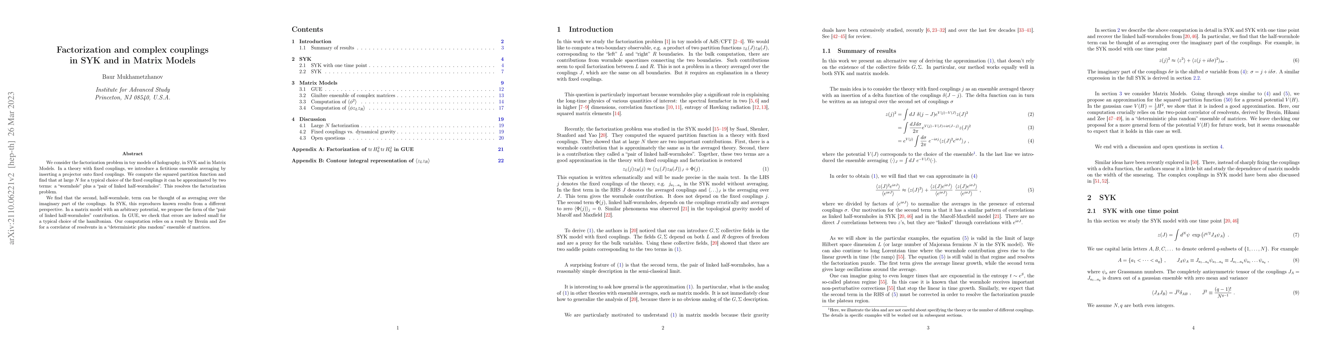 Thumbnail for Factorization and complex couplings in SYK and in Matrix Models