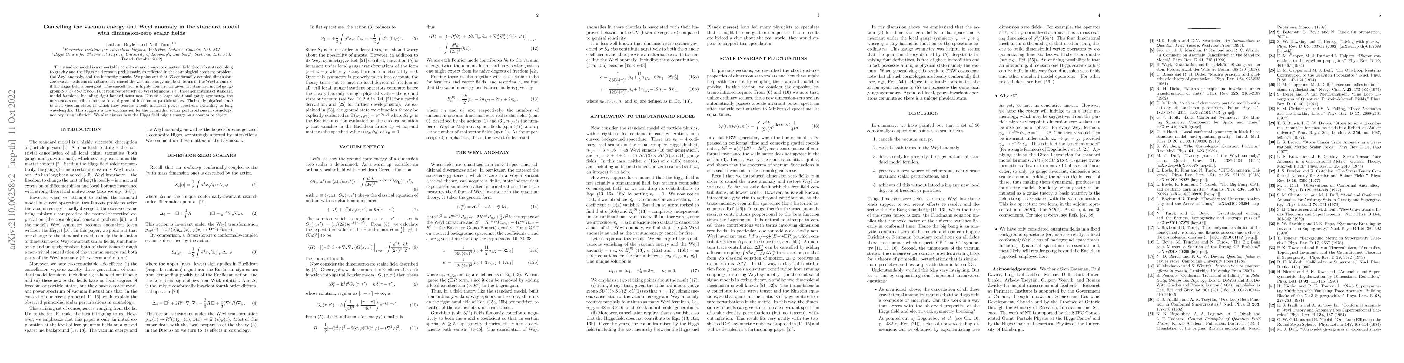 Thumbnail for Cancelling the vacuum energy and Weyl anomaly in the standard model with
  dimension-zero scalar fields
