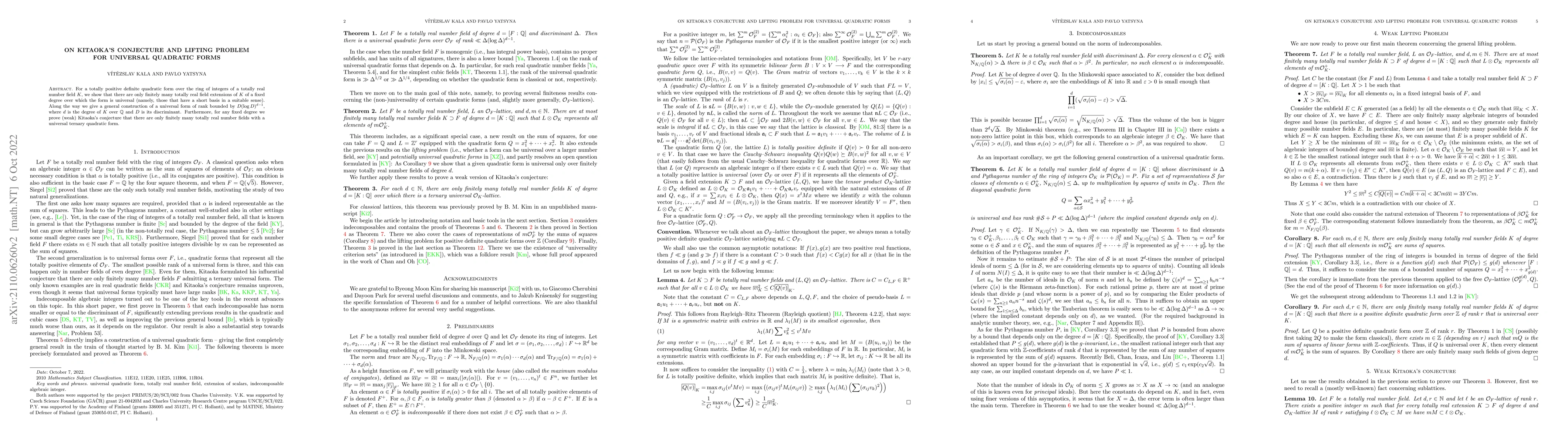 Thumbnail for On Kitaoka's conjecture and lifting problem for universal quadratic
  forms