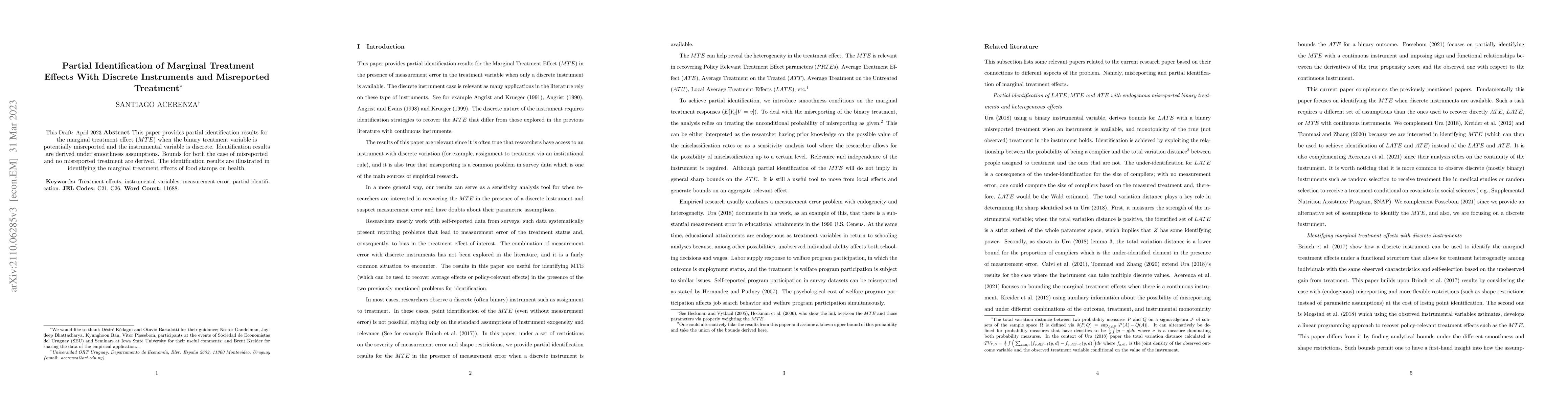Thumbnail for Partial Identification of Marginal Treatment Effects with discrete
  instruments and misreported treatment