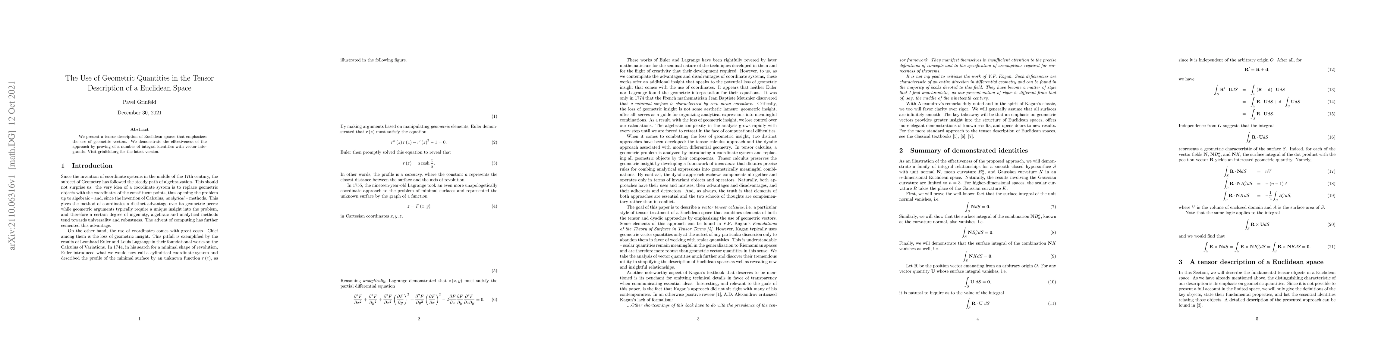 Thumbnail for The Use of Geometric Quantities in the Tensor Description of a Euclidean
  Space