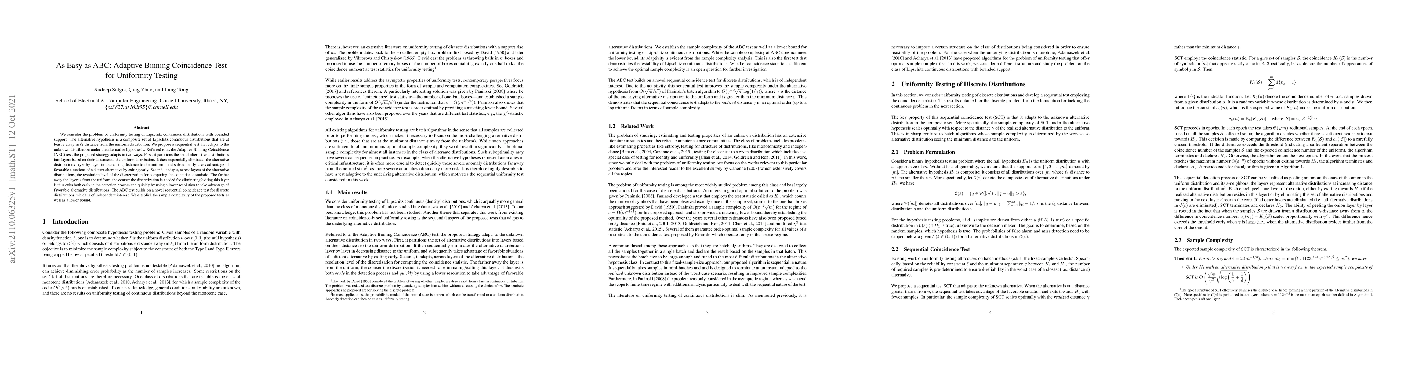 Thumbnail for As Easy as ABC: Adaptive Binning Coincidence Test for Uniformity Testing