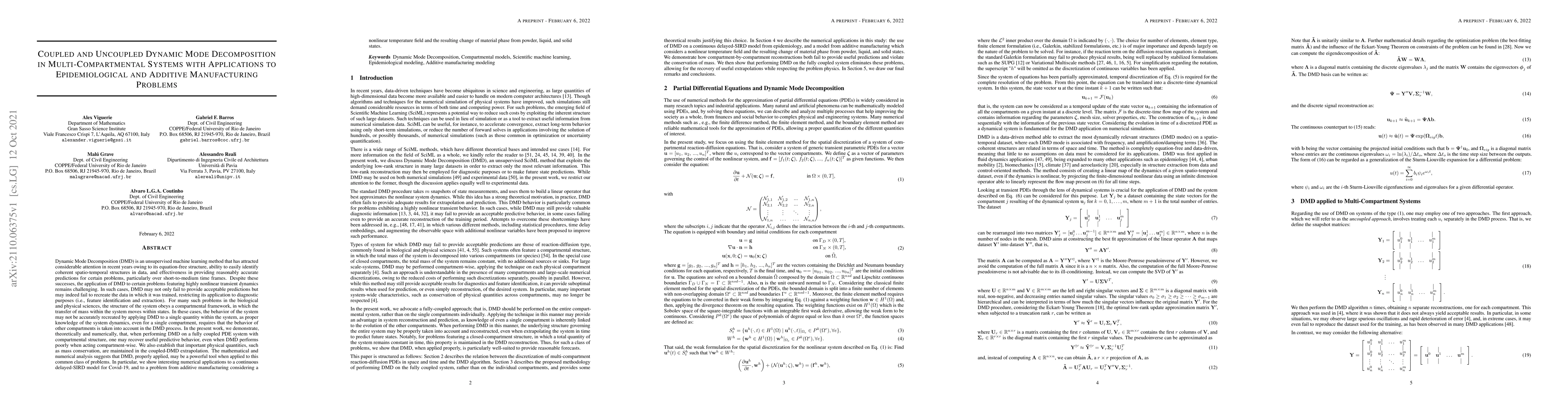 Thumbnail for Coupled and Uncoupled Dynamic Mode Decomposition in Multi-Compartmental
  Systems with Applications to Epidemiological and Additive Manufacturing
  Problems