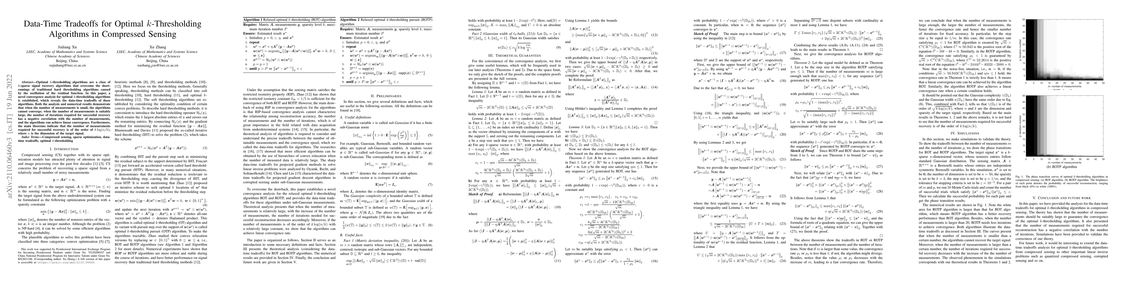 Thumbnail for Data-Time Tradeoffs for Optimal k-Thresholding Algorithms in Compressed
  Sensing