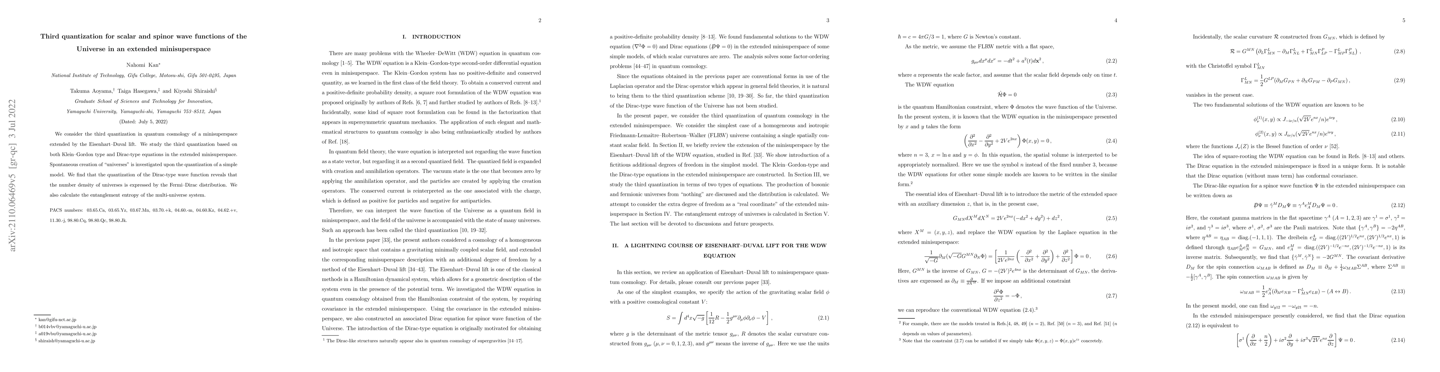 Thumbnail for Third quantization for scalar and spinor wave functions of the Universe
  in an extended minisuperspace