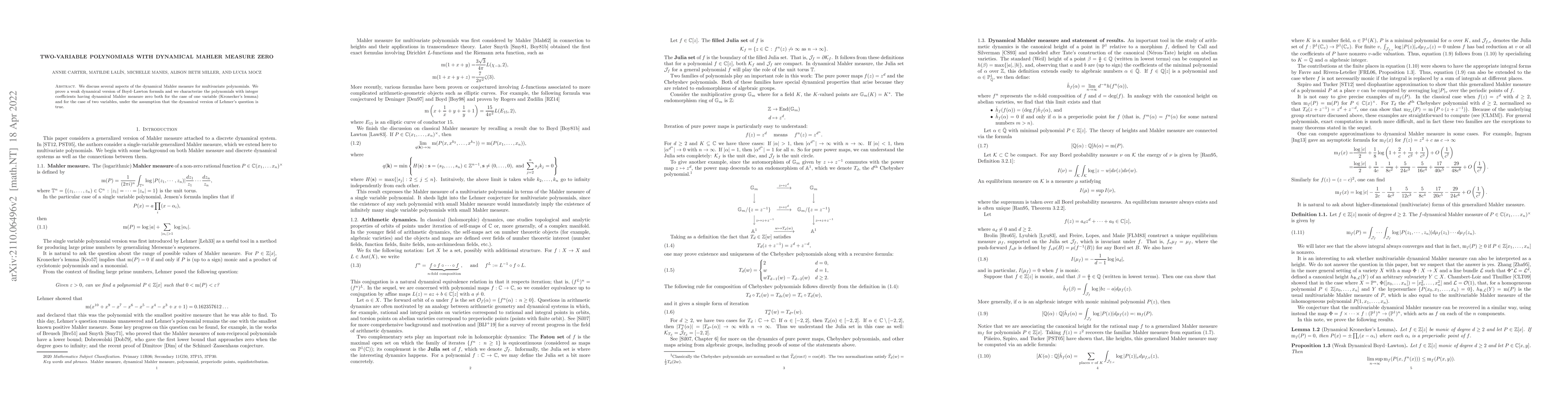 Thumbnail for Two-variable polynomials with dynamical Mahler measure zero