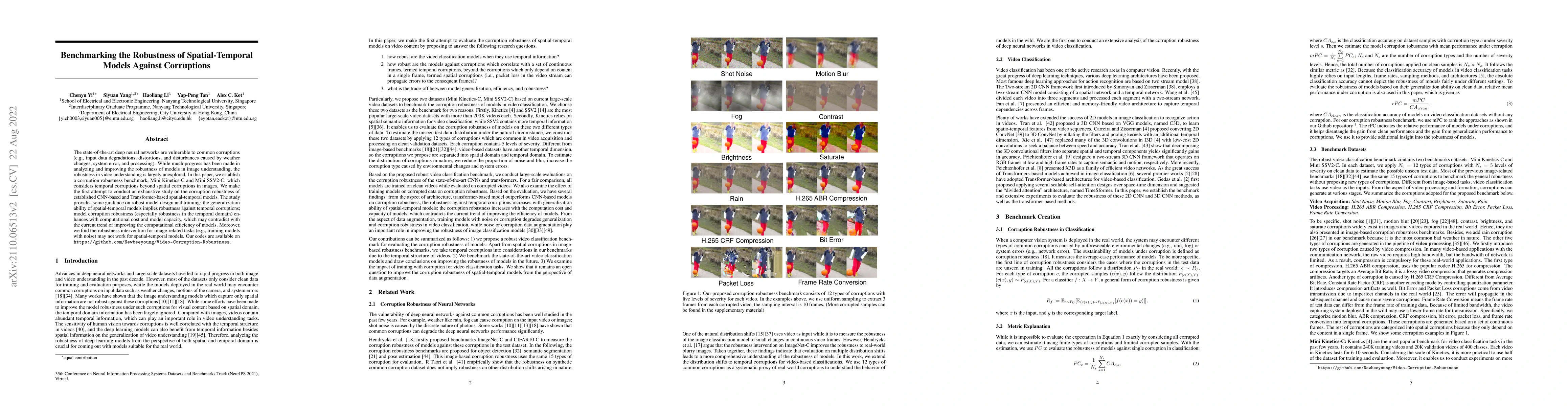 Thumbnail for Benchmarking the Robustness of Spatial-Temporal Models Against
  Corruptions