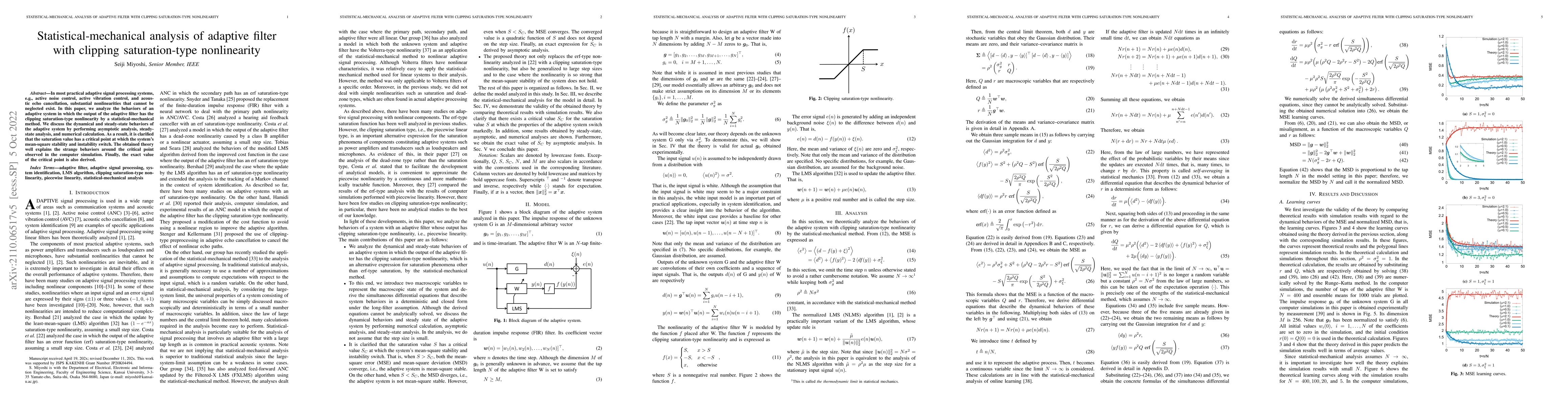 Thumbnail for Statistical-mechanical analysis of adaptive filter with clipping
  saturation-type nonlinearity