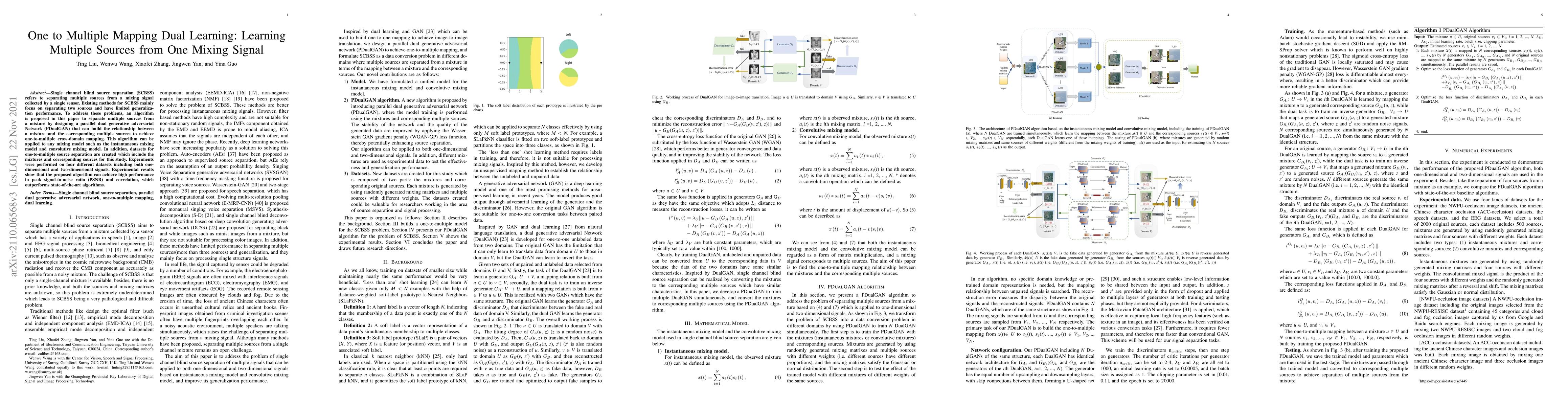 Thumbnail for One to Multiple Mapping Dual Learning: Learning Multiple Sources from
  One Mixed Signal