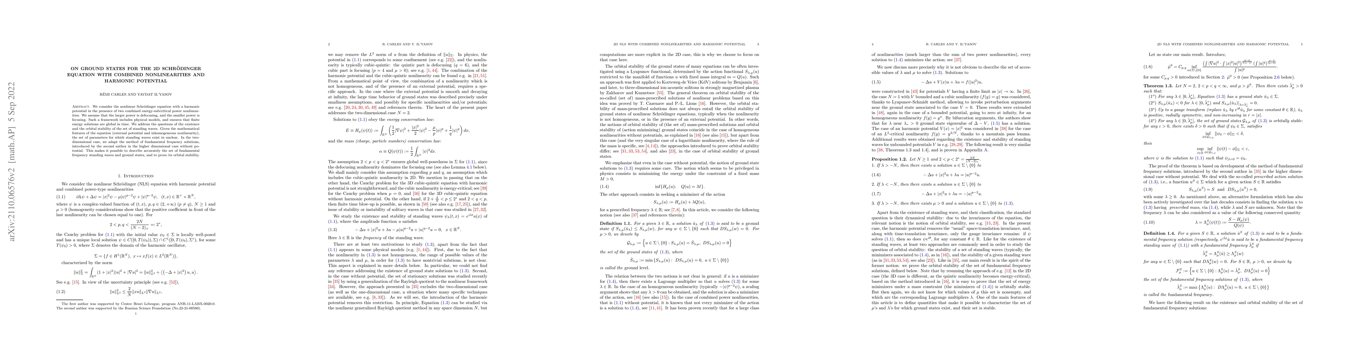 Thumbnail for On ground states for the 2D Schrodinger equation with combined
  nonlinearities and harmonic potential