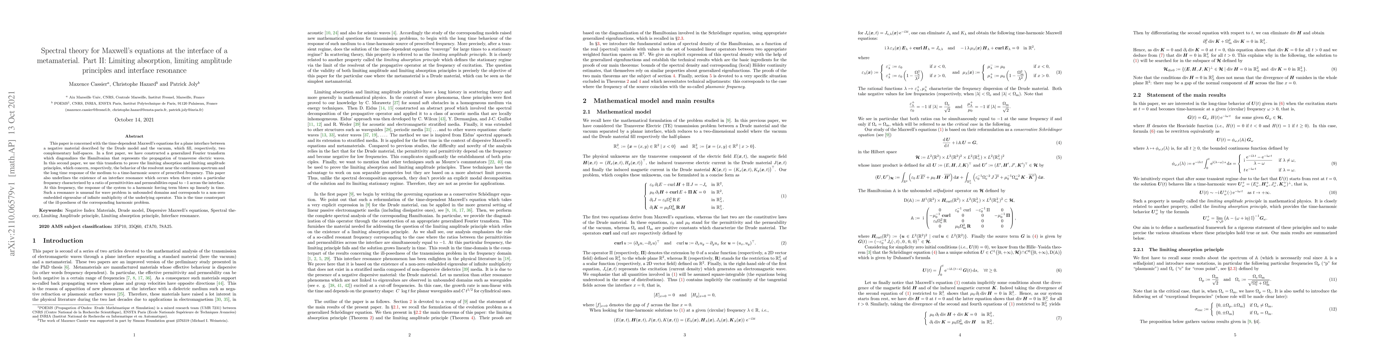 Thumbnail for Spectral theory for Maxwell's equations at the interface of a
  metamaterial. Part II: Limiting absorption, limiting amplitude principles and
  interface resonance