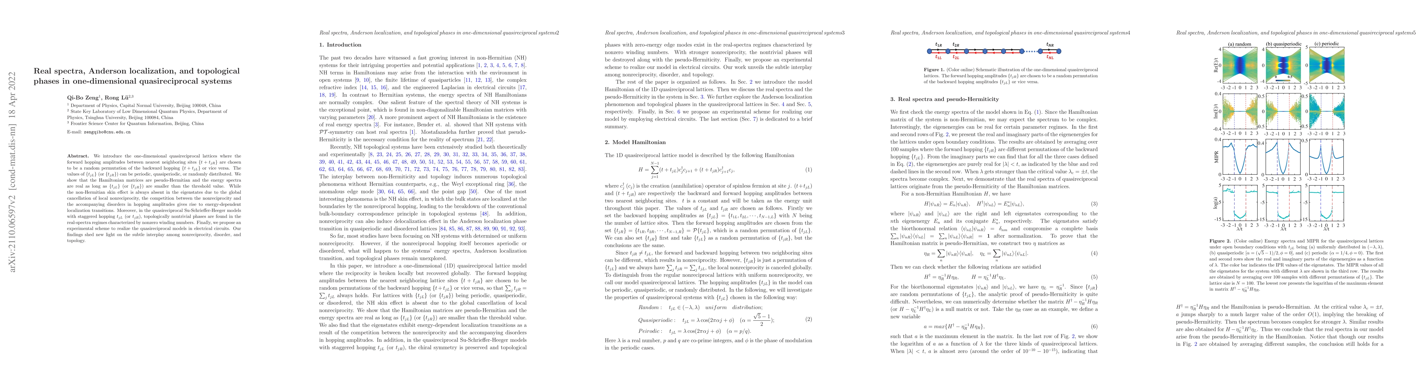 Thumbnail for Real spectra, Anderson localization, and topological phases in
  one-dimensional quasireciprocal systems