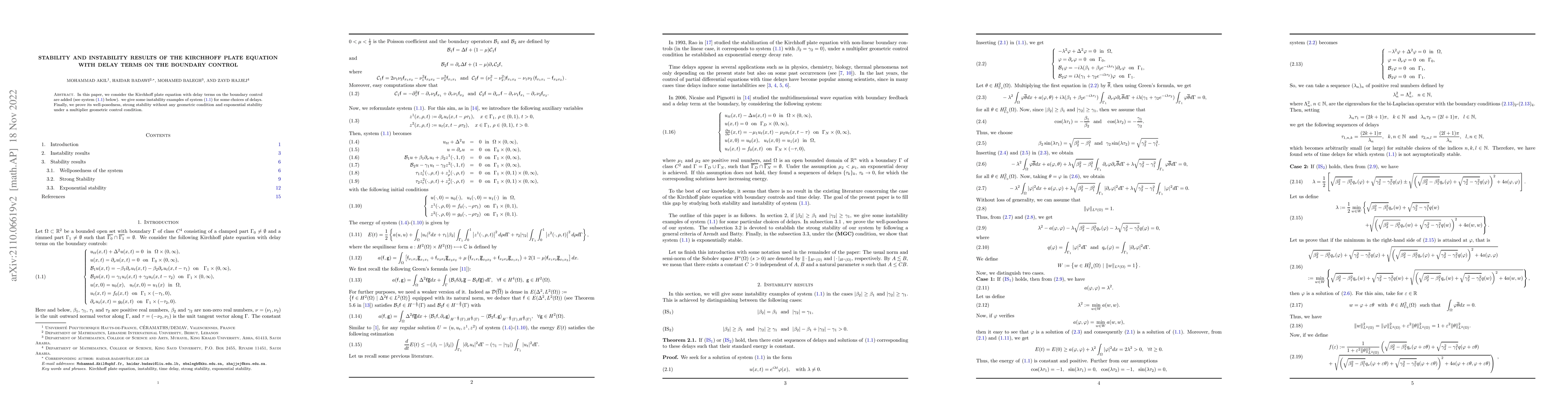 Thumbnail for Stability and instability results of the Kirchhoff plate equation with
  delay terms on boundary or dynamical boundary controls