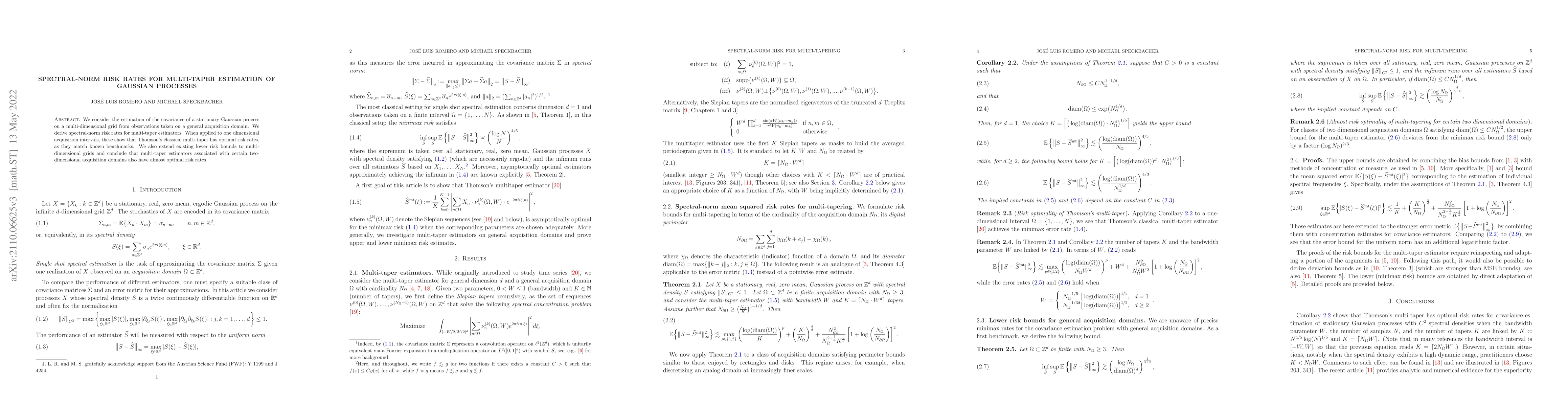 Thumbnail for Spectral-norm risk rates for multi-taper estimation of Gaussian
  processes