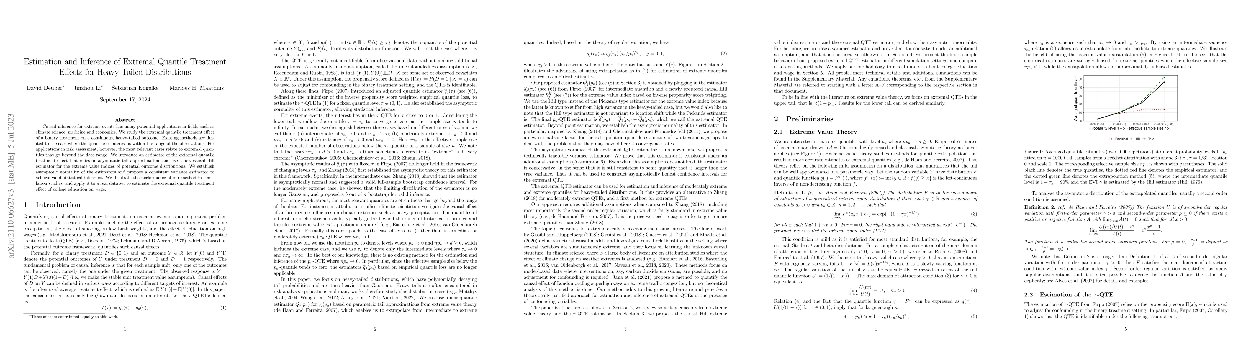 Thumbnail for Estimation and Inference of Extremal Quantile Treatment Effects for
  Heavy-Tailed Distributions