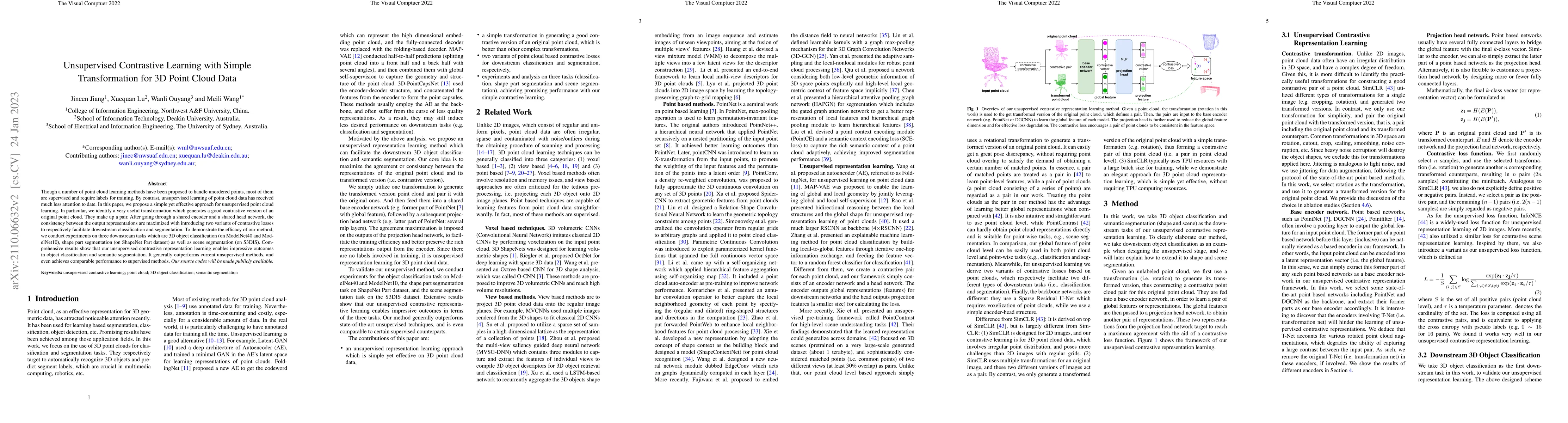 Thumbnail for Unsupervised Contrastive Learning with Simple Transformation for 3D
  Point Cloud Data