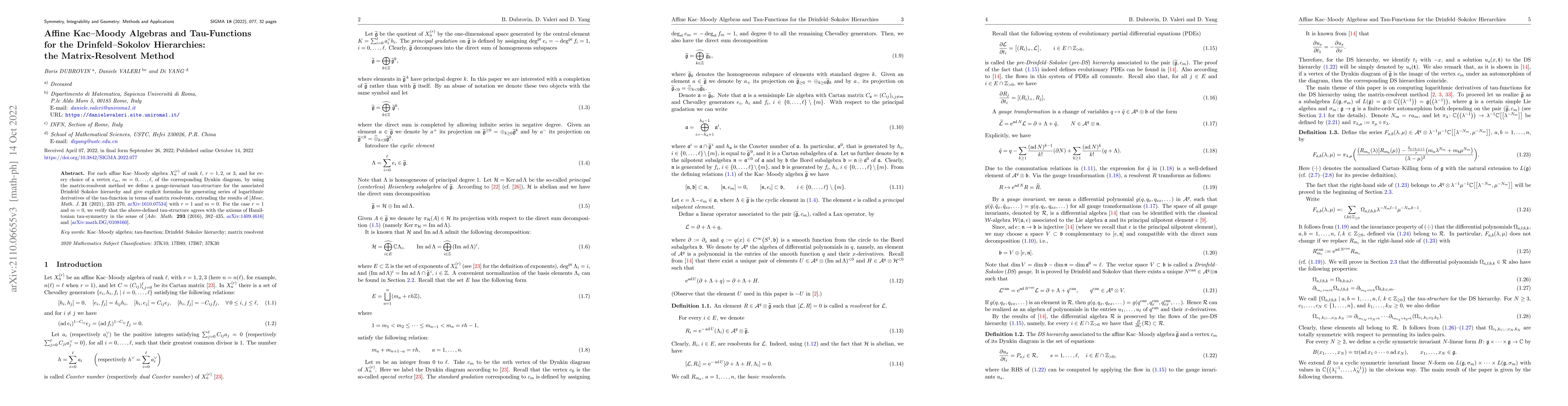 Thumbnail for Affine Kac-Moody Algebras and Tau-Functions for the Drinfeld-Sokolov
  Hierarchies: the Matrix-Resolvent Method