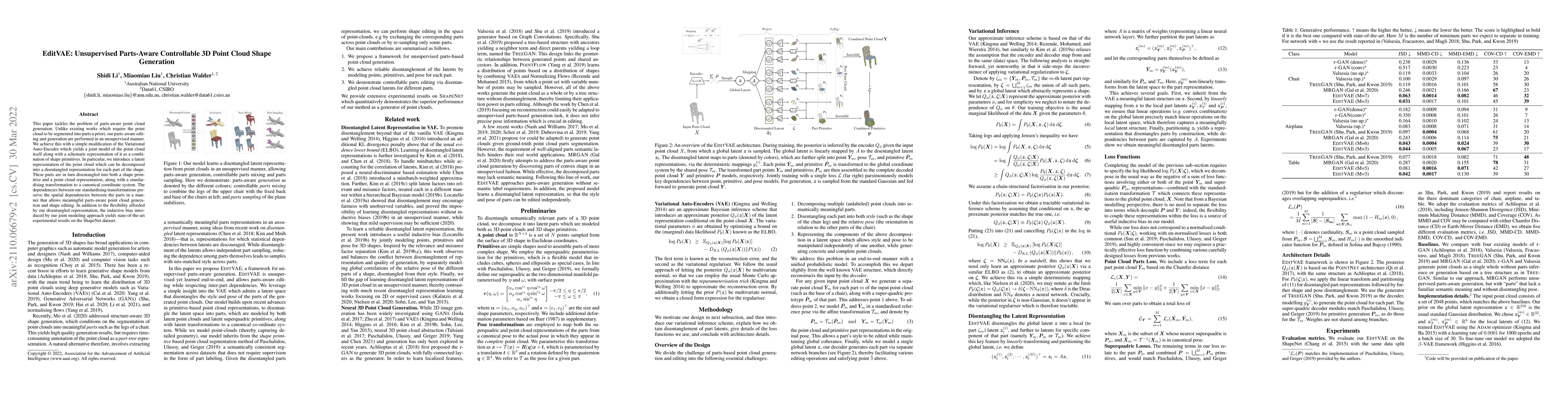 Thumbnail for EditVAE: Unsupervised Part-Aware Controllable 3D Point Cloud Shape
  Generation