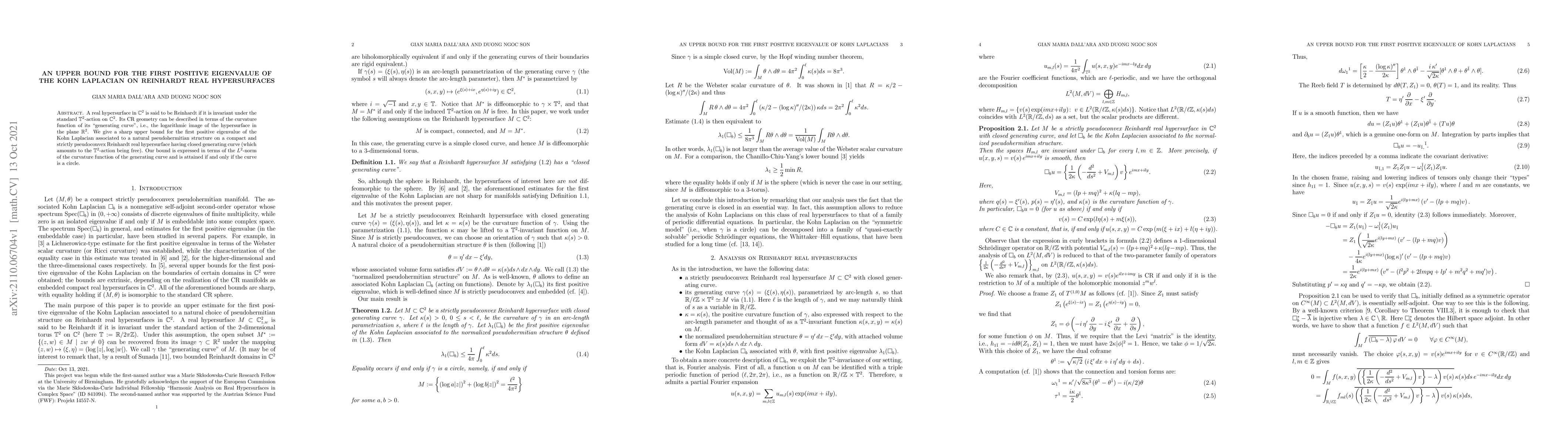 Thumbnail for An upper bound for the first positive eigenvalue of the Kohn Laplacian
  on Reinhardt real hypersurfaces