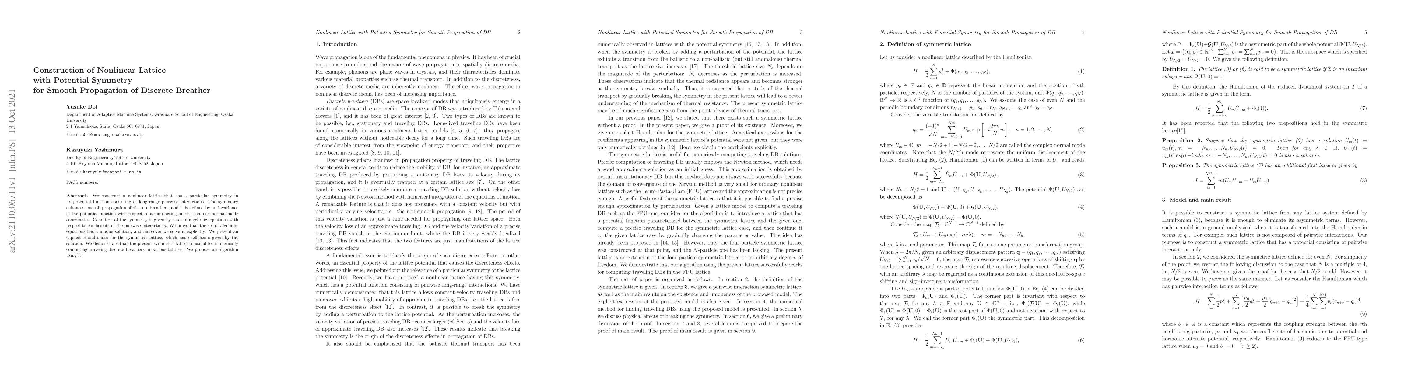Thumbnail for Construction of nonlinear lattice with potential symmetry for smooth
  propagation of discrete breather