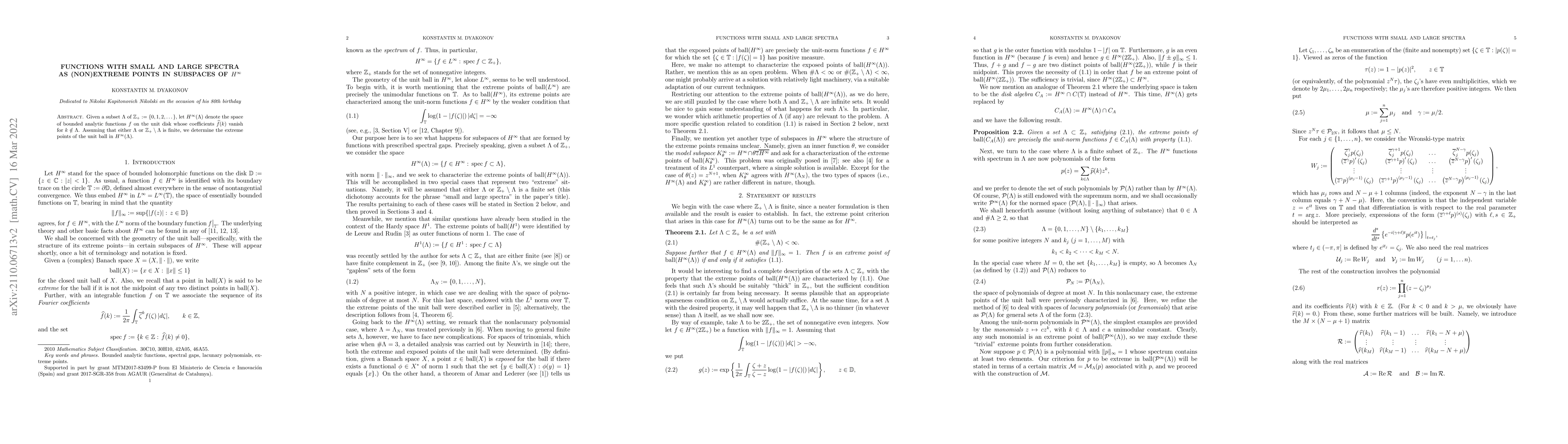 Thumbnail for Functions with small and large spectra as (non)extreme points in
  subspaces of $H^\infty$