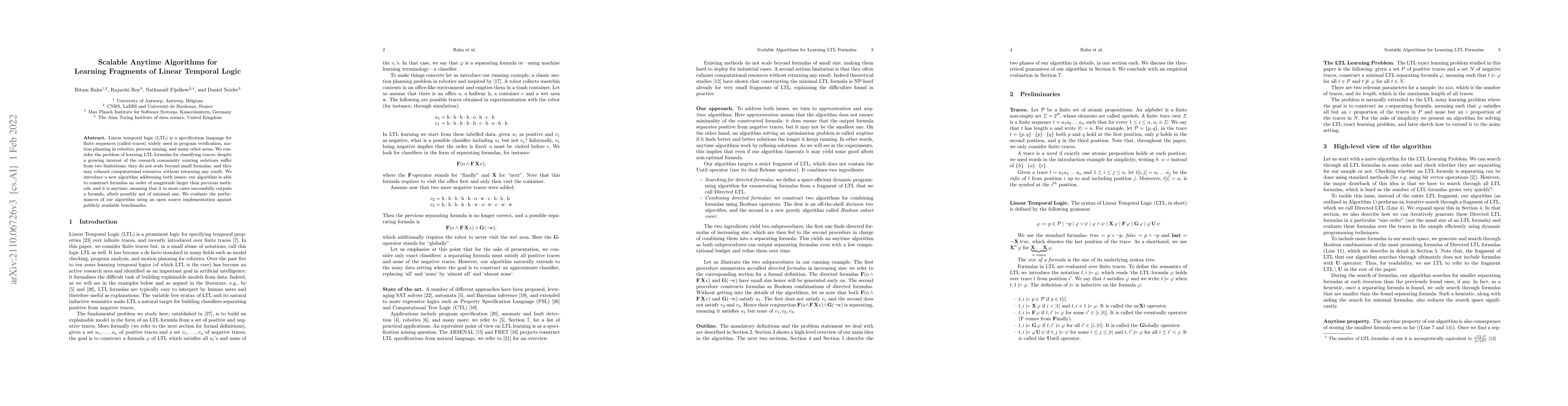 Thumbnail for Scalable Anytime Algorithms for Learning Fragments of Linear Temporal
  Logic
