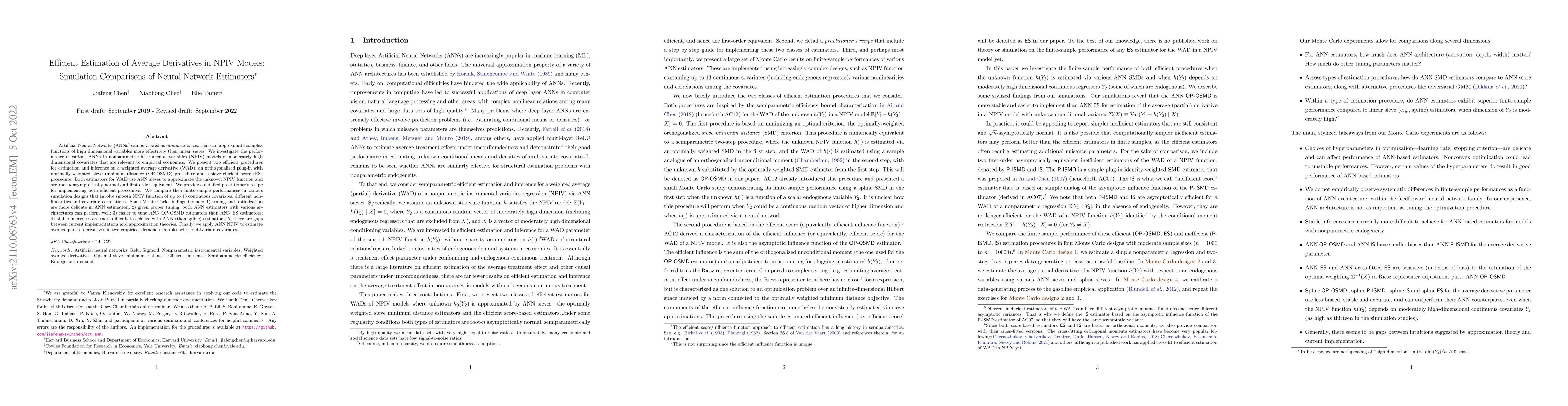 Thumbnail for Efficient Estimation in NPIV Models: A Comparison of Various Neural
  Networks-Based Estimators