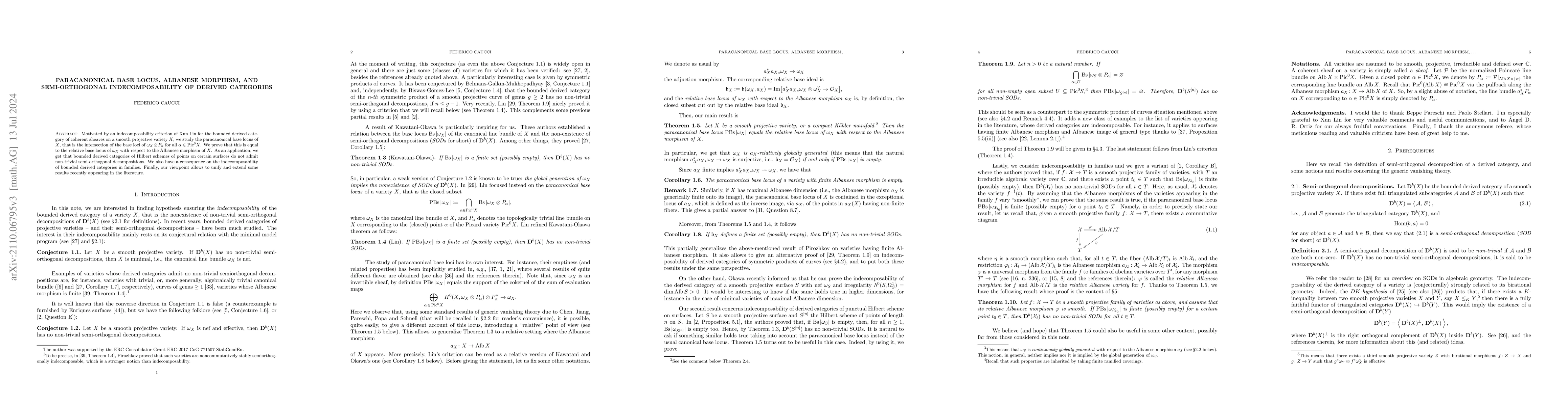 Thumbnail for Paracanonical base locus, Albanese morphism, and semi-orthogonal
  indecomposability of derived categories
