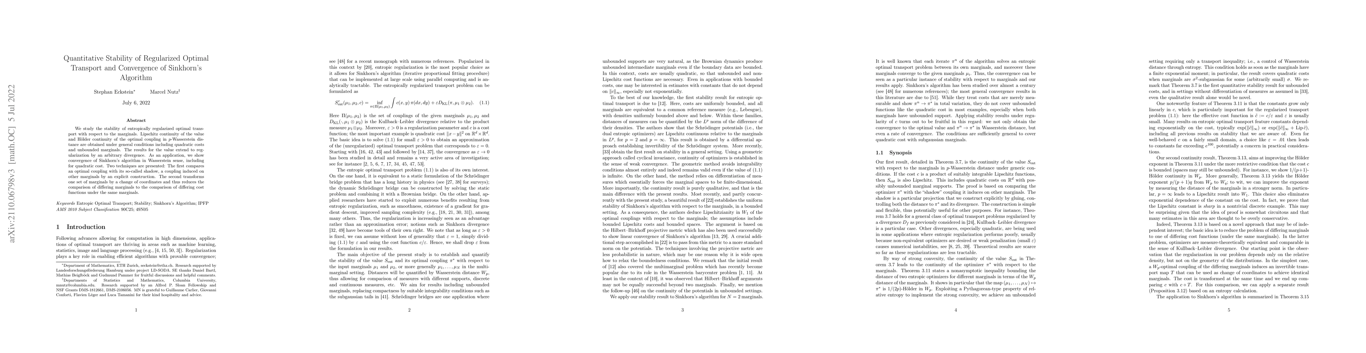 Thumbnail for Quantitative Stability of Regularized Optimal Transport and Convergence
  of Sinkhorn's Algorithm