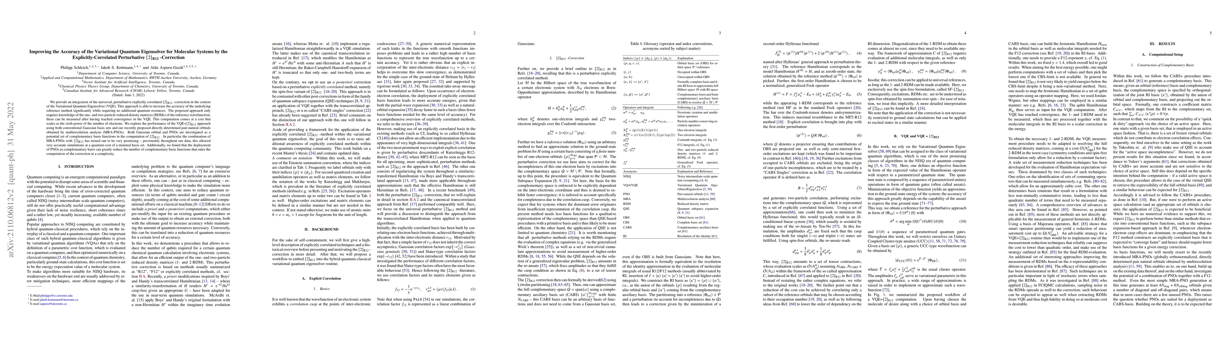 Thumbnail for Improving the Accuracy of the Variational Quantum Eigensolver for
  Molecular Systems by the Explicitly-Correlated Perturbative
  [2]-R12-Correction