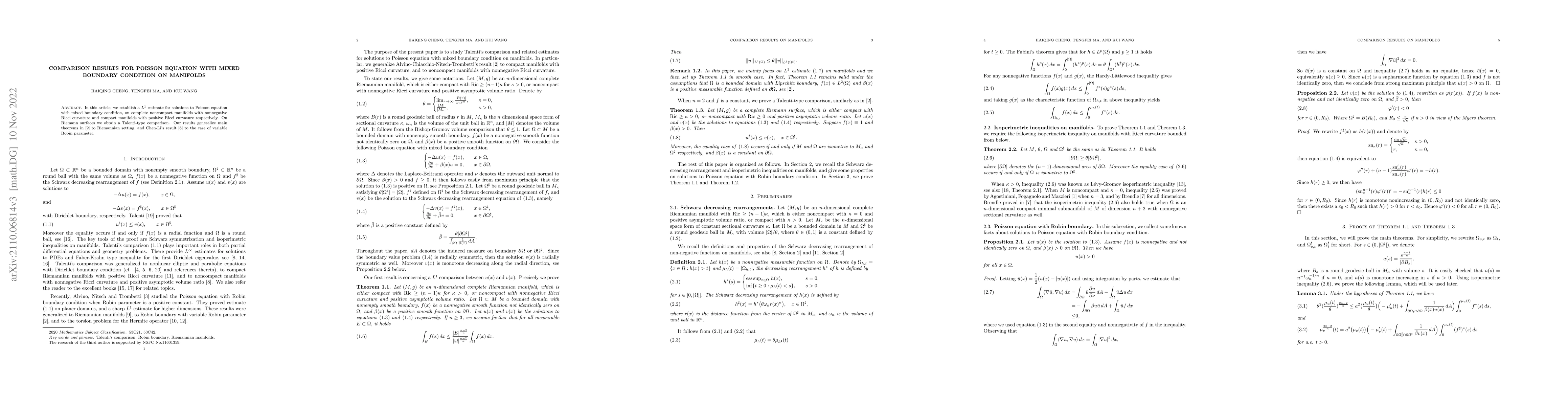 Thumbnail for Comparison results for Poisson equation with mixed boundary condition on
  manifolds