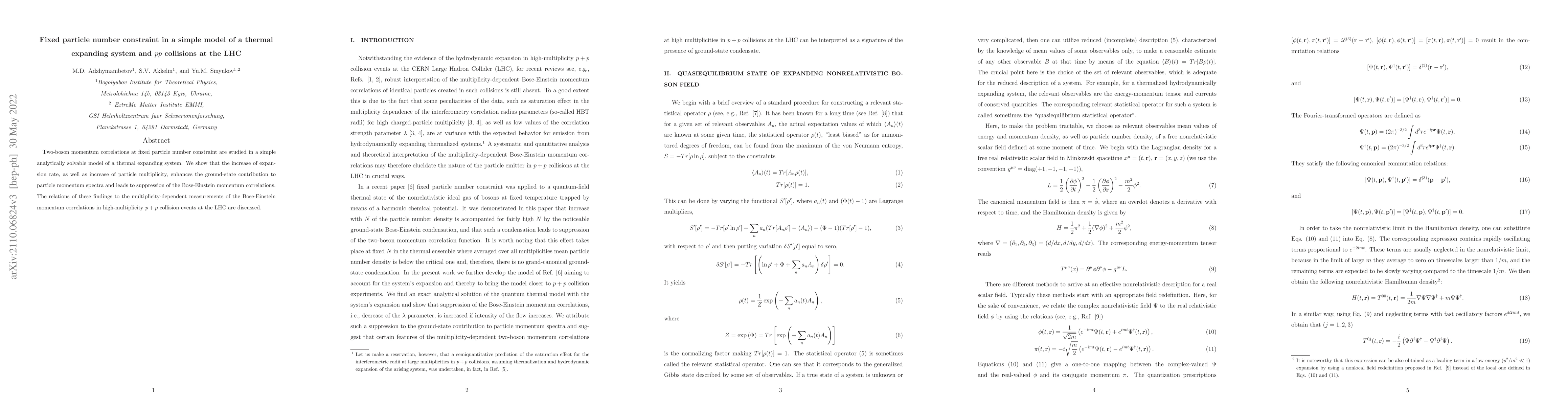 Thumbnail for Fixed particle number constraint in a simple model of a thermal
  expanding system and $pp$ collisions at the LHC